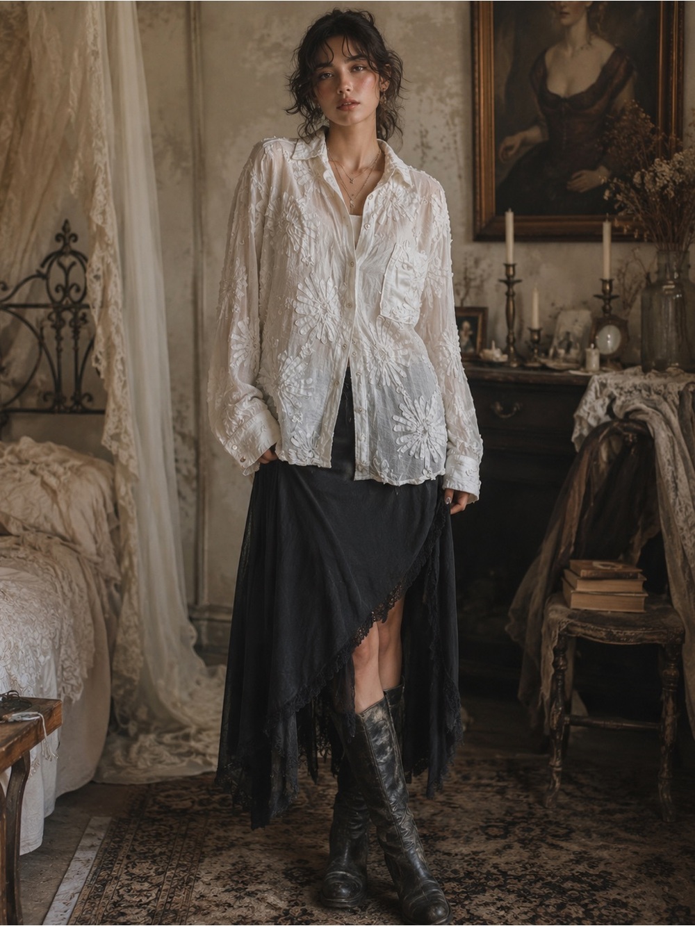 Ontwelfth White Floral Ribbon Appliqué Sheer Button Up Blouse M